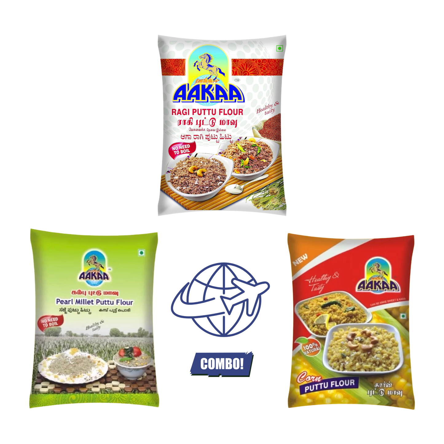 The Sunrise Wellness Power Pack β Ragi, Pearl Millet & Corn Puttu Flour | Aakaa Foods International Combo