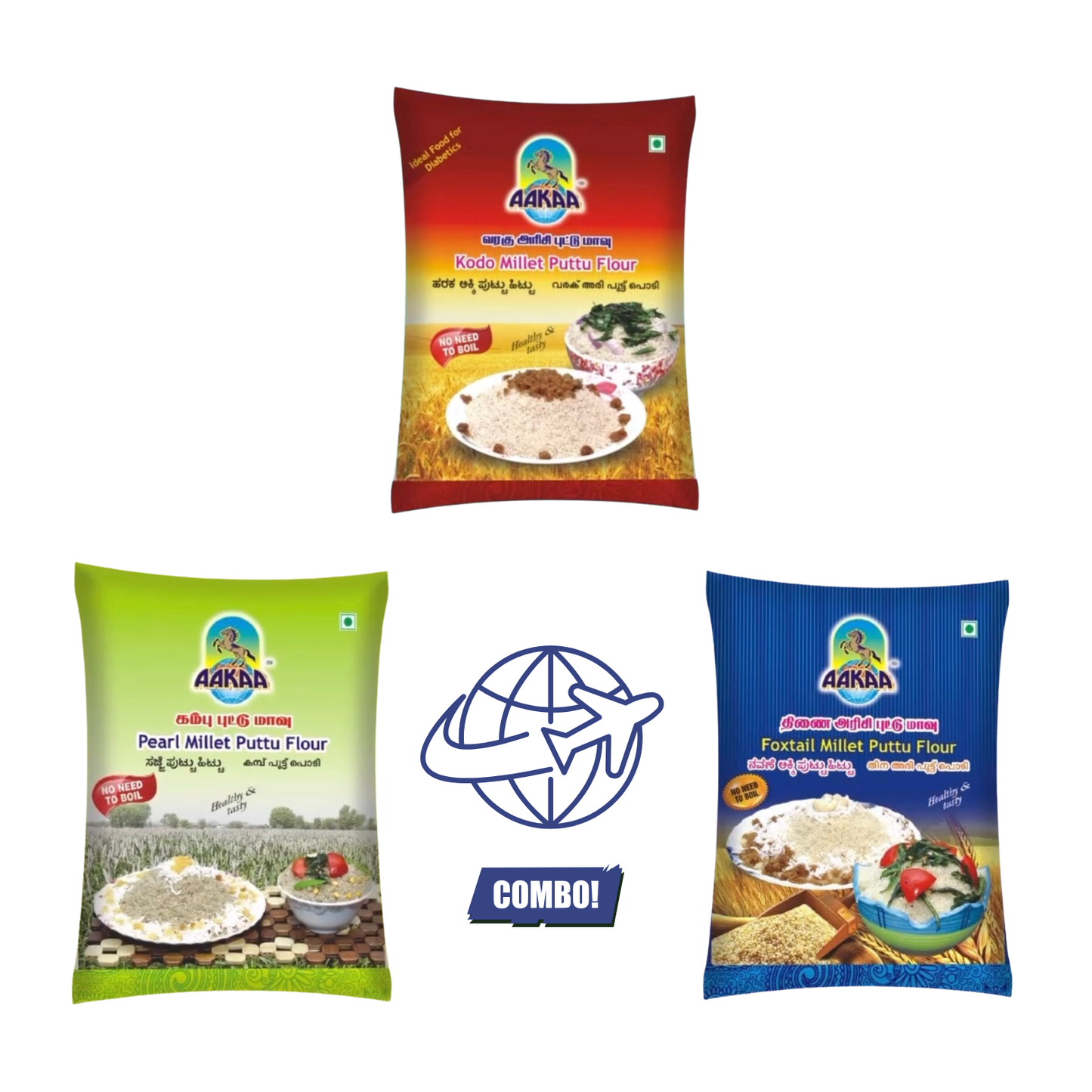 Mighty Millets Super Combo โ Kodo, Pearl & Foxtail Millet Puttu Flour | Aakaa Foods International Combo