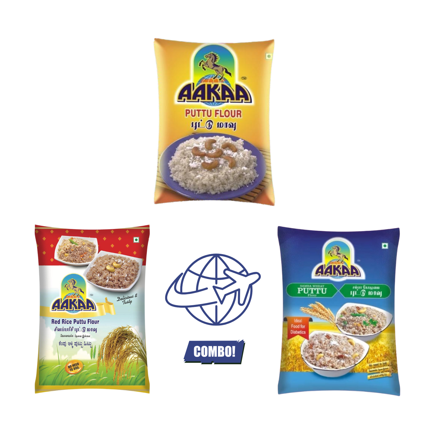 Taste of Homeland Heritage Combo – White, Red & Samba Puttu Flour | Aakaa Foods International Combo