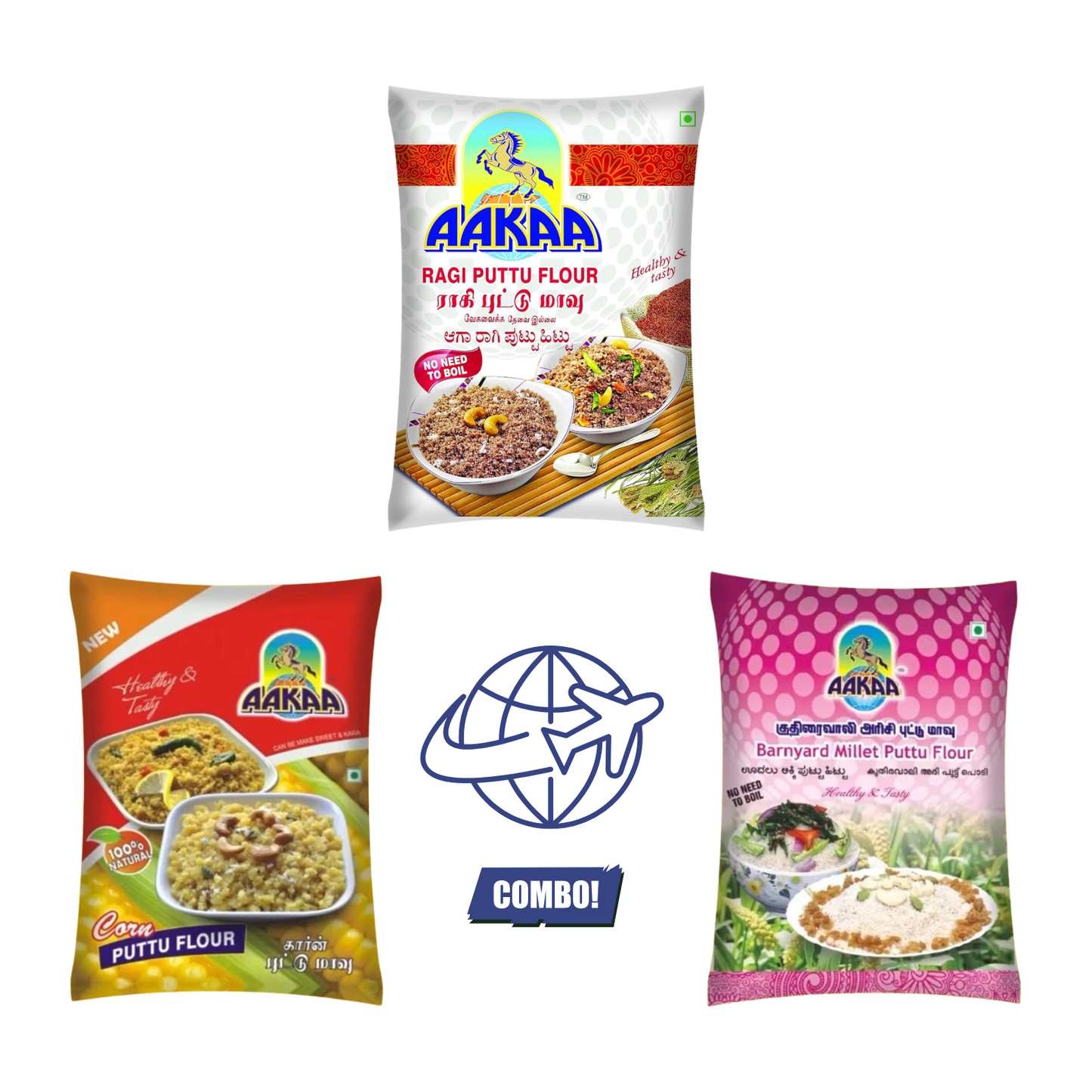 Fit & Active Breakfast Club – Ragi, Corn & Barnyard Millet Puttu Flour | Aakaa Foods International Combo