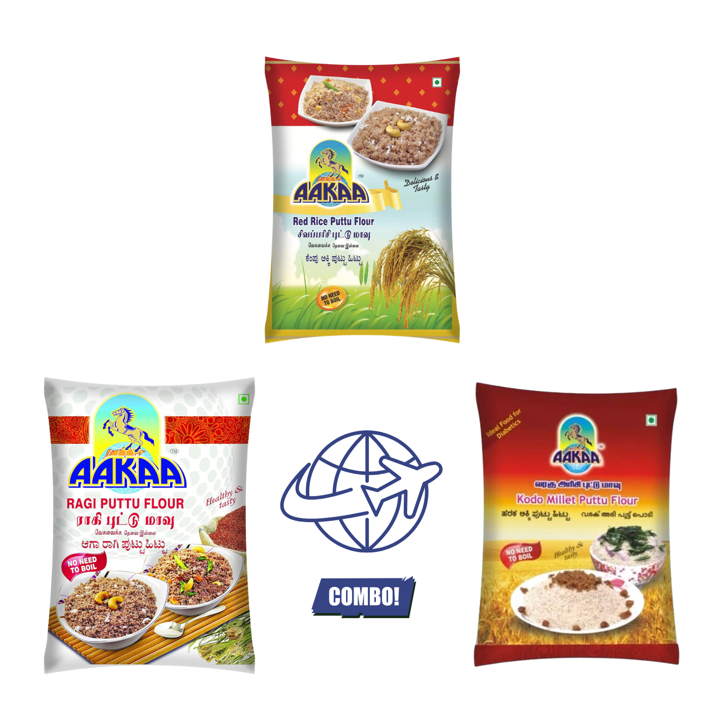 The Youth & Vitality Longevity Pack – Red, Ragi & Kodo Millet Puttu Flour | Aakaa Foods International Combo